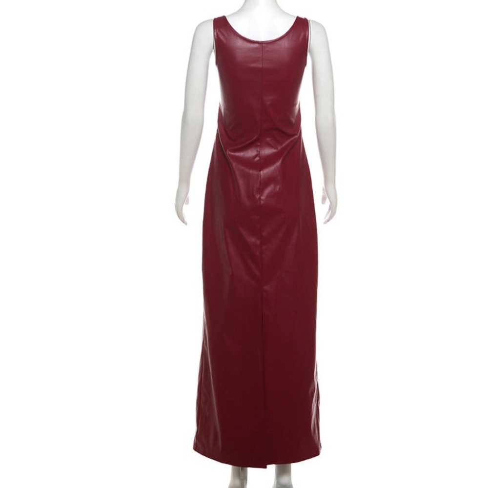 Elegant Burgundy Faux Leather Scoop Neck Sleeveless Dress - Picture 3 of 3
